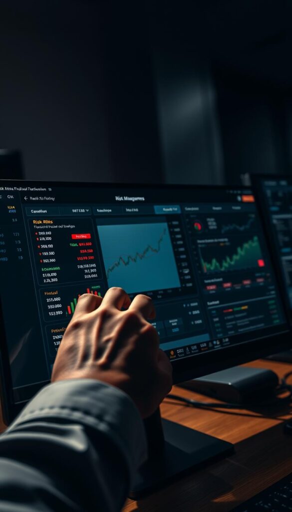 A high-contrast close-up of a trader's hands expertly managing a complex risk management dashboard on a sleek, modern computer interface. The background is a dimly-lit trading floor, with muted hues and subtle hints of electronic equipment. Dramatic side lighting casts dramatic shadows, conveying a sense of focus and intensity. The interface displays various risk metrics, hedging strategies, and portfolio diversification tools, reflecting the nuanced decisions required in responsible copy trading.