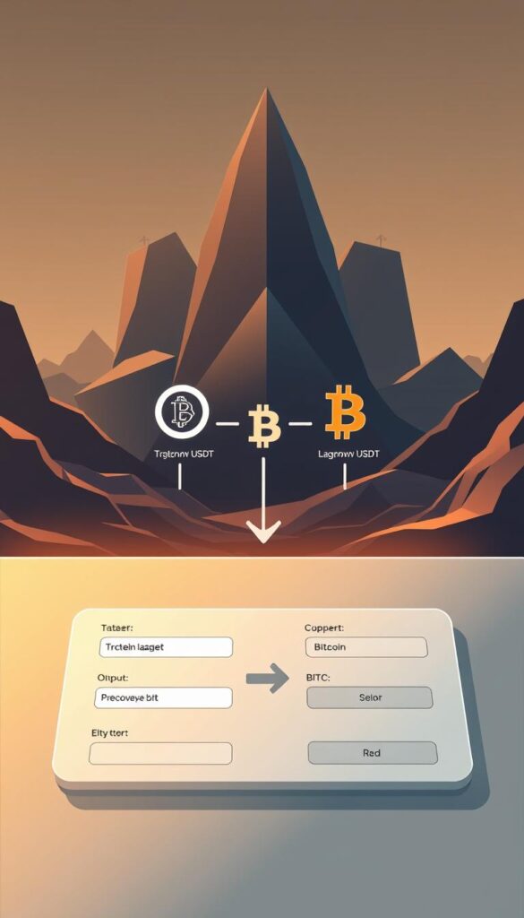 A high-contrast digital illustration depicting the process of converting TRC20 USDT (Tether) to Bitcoin (BTC). In the foreground, a sleek, minimalist interface showcases the conversion workflow, with clearly labeled input and output fields. The middle ground features stylized icons and graphics representing the blockchain networks and digital assets involved. In the background, a dramatic landscape of geometric shapes and gradients evokes the complex financial infrastructure underpinning the transaction. Warm lighting and a muted color palette convey a sense of security and reliability. The overall composition strikes a balance between functional clarity and aesthetic appeal, reflecting the efficiency and trustworthiness of the TRC20 USDT to BTC conversion process.