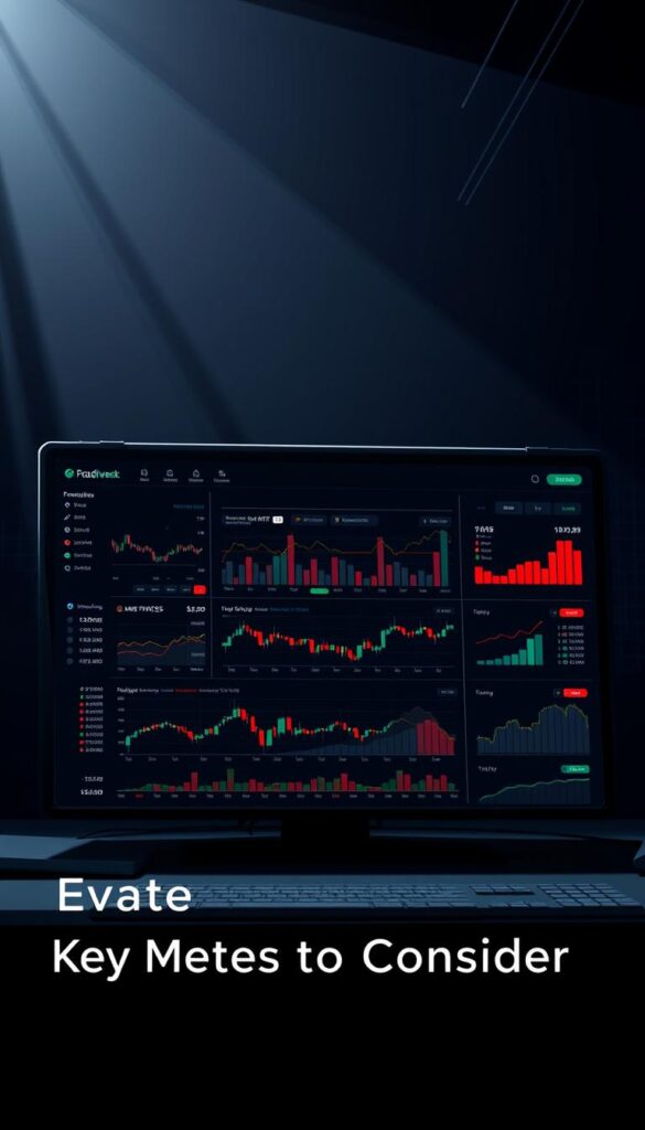 A high-contrast, realistic digital illustration depicting a trading dashboard showing various technical indicators, charts, and metrics used for evaluating copy trading signals. The foreground features a sleek, minimalist user interface with crisp, legible typography and intuitive data visualizations. The middle ground showcases a series of line charts, bar graphs, and candlestick patterns highlighting the performance and risk profiles of different traders. The background depicts a dimly lit, industrial-style office setting with subtle grid patterns and geometric shapes, creating a sense of technological sophistication. Dramatic lighting from the side casts shadows and highlights the key elements, establishing a moody, analytical atmosphere. The overall composition conveys a balance of clarity, precision, and visual interest to effectively illustrate the "Evaluating Traders: Key Metrics to Consider" section.