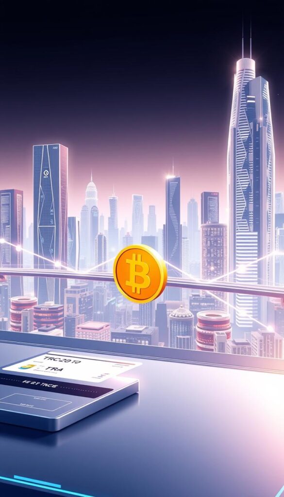 A high-quality, detailed illustration of a TRC20 to Bitcoin swap service. In the foreground, a sleek, minimalist cryptocurrency exchange interface with clean UI elements and intuitive workflows. In the middle ground, a 3D representation of the TRC20 and Bitcoin blockchain networks, connected by a secure, lightning-fast transaction bridge. The background features a futuristic cityscape with gleaming skyscrapers, suggesting the scale and infrastructure powering this seamless cross-chain functionality. The overall scene conveys a sense of trust, efficiency, and technological sophistication, reflecting the "fast, safe, and reliable" nature of the service.