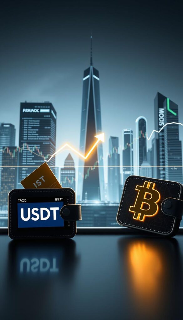 A high-quality photograph of a stylized financial transaction between TRC20 USDT and BTC. The foreground depicts two digital wallets, one displaying USDT and the other BTC, connected by a glowing transfer arrow. The middle ground showcases an array of financial data visualizations, including charts, graphs, and exchange rate information. The background features a sleek, modern cityscape with towering skyscrapers, reflecting the dynamic and fast-paced world of cryptocurrency conversions. The lighting is crisp and directional, creating a sense of depth and drama. The overall mood is one of efficiency, technology, and financial empowerment.