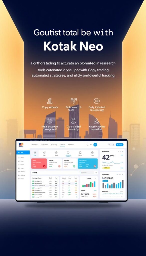 A high-resolution, detailed illustration of the Kotak Neo platform overview, showcasing its key features and layout. The image should depict a modern, sleek digital investment platform with a clean, intuitive user interface. In the foreground, display the main dashboard with customizable widgets, research tools, and portfolio management options. In the middle ground, include animated icons and infographics highlighting the platform's copy trading, automated strategies, and performance tracking capabilities. Set the background with a cityscape skyline or abstract geometric patterns, conveying a sense of sophistication and technology. Utilize a soft, warm lighting scheme to create a professional, approachable atmosphere. Capture the platform's user-friendly design and powerful investing capabilities to align with the "Getting Started with Kotak Neo" section of the article.