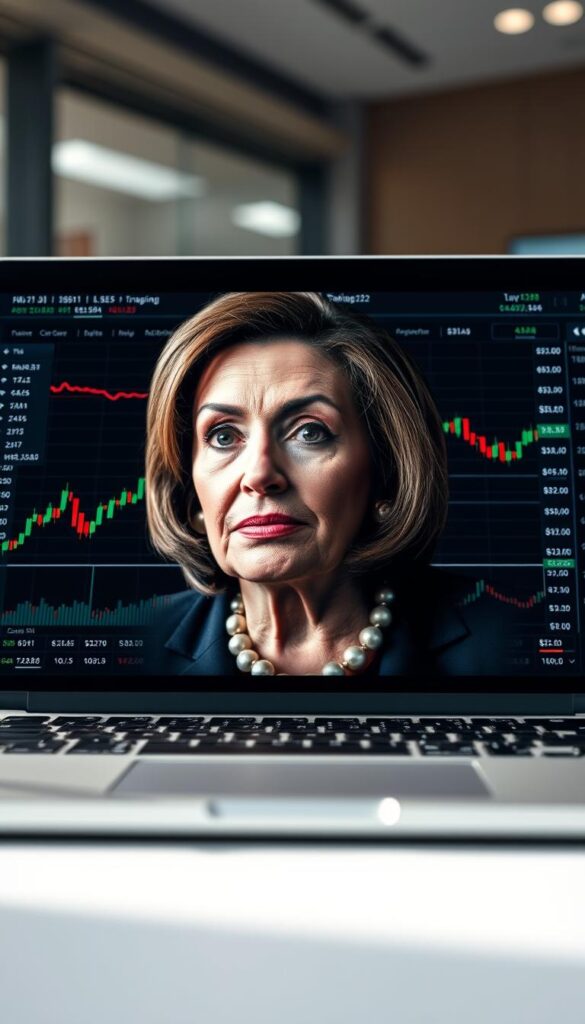 A high-resolution, photorealistic image of a digital trading platform interface on a laptop or desktop computer screen, with Nancy Pelosi's face prominently displayed in the center, overlaying financial data and stock charts. The lighting is soft and natural, creating a sense of focus on the subject. The composition places Pelosi's face in the foreground, with the trading platform interface forming the middle ground, and a blurred background of a modern office or workspace. The overall mood is one of financial activity and decision-making, conveying the idea of using a trading platform like Trading212 to achieve one's investment goals.