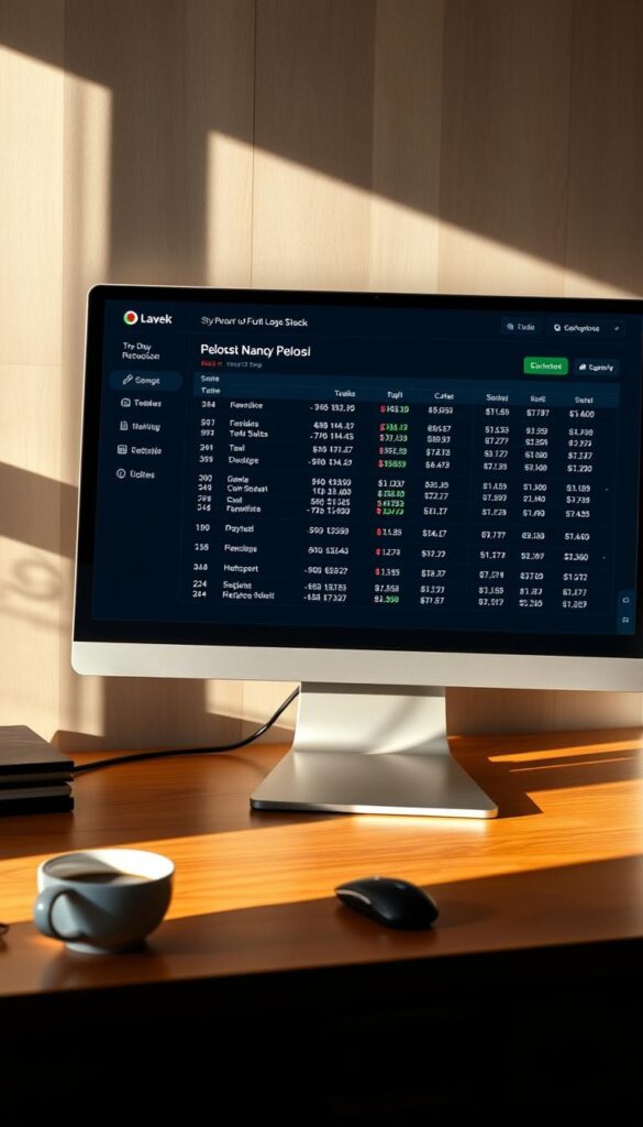 A high-resolution stock trading dashboard displaying recent stock trades by Nancy Pelosi, the Speaker of the United States House of Representatives. The dashboard is shown on a modern, minimalist computer monitor with a sleek, silver frame. The monitor is positioned on a wooden desk, with a cup of coffee and a mouse nearby. The lighting is soft and natural, casting a warm glow on the screen. The display shows detailed information about Pelosi's recent stock transactions, including the stock symbols, trade dates, and transaction amounts. The interface is clean and intuitive, allowing for easy navigation and analysis of the data. The overall atmosphere conveys a sense of professionalism and financial acumen.