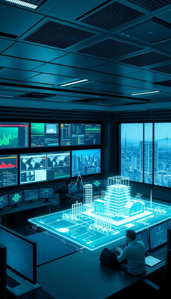 A high-security control room with a bank of sleek computer monitors, each displaying various security metrics and transaction flows. The room is bathed in a cool, bluish-green hue from the soft ambient lighting. In the foreground, a holographic display projects a detailed 3D model of the Binance platform, its systems and infrastructure, emphasizing the robust security protocols in place. The middle ground features a team of cyber security experts closely monitoring the data, alert and ready to respond to any suspicious activity. The background depicts a panoramic view of a futuristic cityscape, conveying a sense of the global scale and importance of the Binance platform. The overall atmosphere exudes an air of professionalism, control, and unwavering commitment to safeguarding the interests of Binance's copy traders.