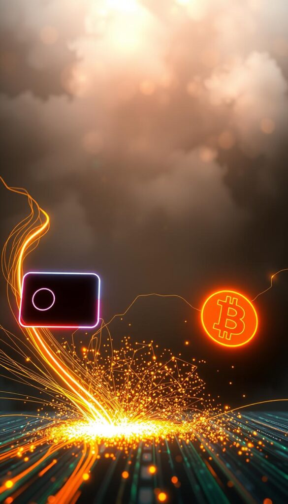 A high-speed data transfer between a TRC20 wallet and a Bitcoin wallet, represented by dynamic lines and glowing particles. The foreground features the stylized silhouettes of the two wallets, illuminated by a vivid neon glow. The middle ground showcases a flurry of interwoven, radiant lines, symbolizing the lightning-fast transaction. The background is shrouded in a mysterious, ethereal fog, creating a sense of futuristic, technological wonder. Cinematic lighting casts dramatic shadows, amplifying the sense of speed and intensity. The overall composition conveys the seamless, effortless exchange of TRC20 to Bitcoin, captured in a visually striking, digital art style.