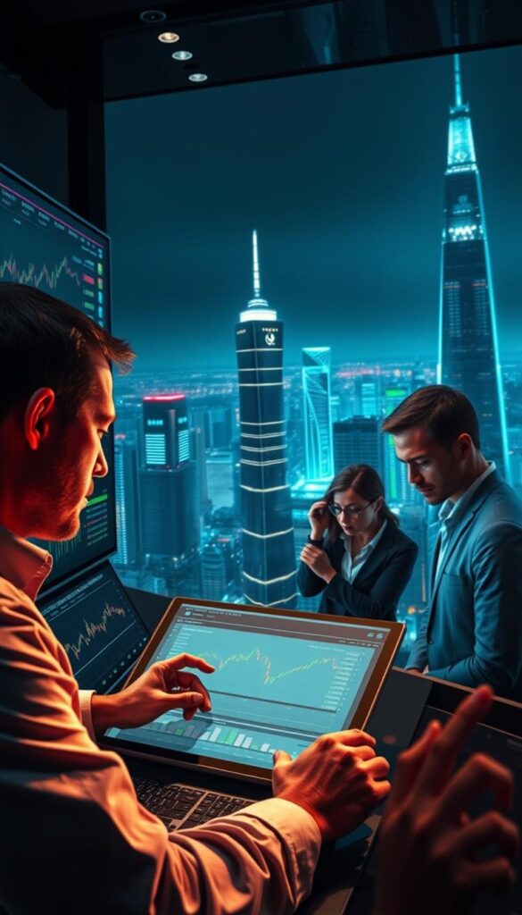 A high-tech trading interface with sleek, futuristic displays showcasing various copy trading strategies. In the foreground, a hands-on trader analyzes performance charts and manages their portfolio. The middle ground features a trio of savvy investors carefully studying market trends and signals, their expressions focused and determined. In the background, a panoramic view of a bustling financial district, its towering skyscrapers illuminated by the glow of digital screens. Dramatic lighting casts long shadows, creating a sense of dynamism and intensity. The overall atmosphere conveys the sophistication and precision required for successful copy trading.