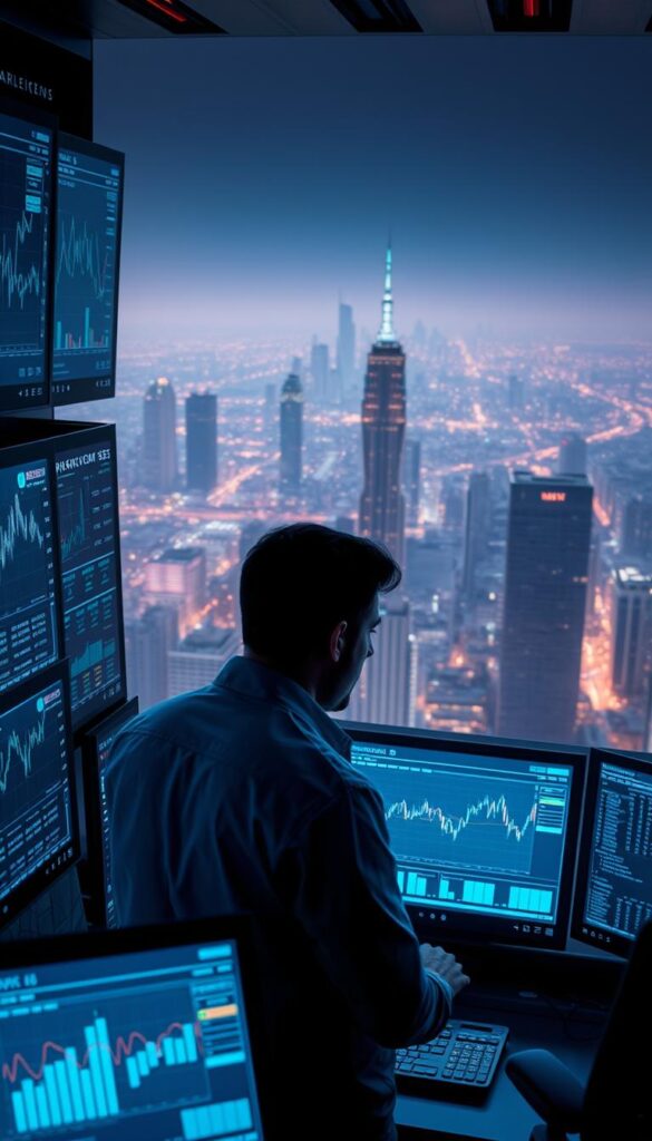 A high-tech trading platform with sleek, futuristic interfaces. In the foreground, an array of digital charts, graphs, and analytical tools, bathed in a cool, neon-tinged glow. In the middle ground, a trader intently studying the screens, their face illuminated by the digital displays. In the background, a vast, cityscape panorama, with skyscrapers and infrastructure rendered in a minimalist, geometric style, conveying a sense of scale and the interconnected nature of modern finance. The overall atmosphere is one of precision, innovation, and the power of data-driven decision-making.