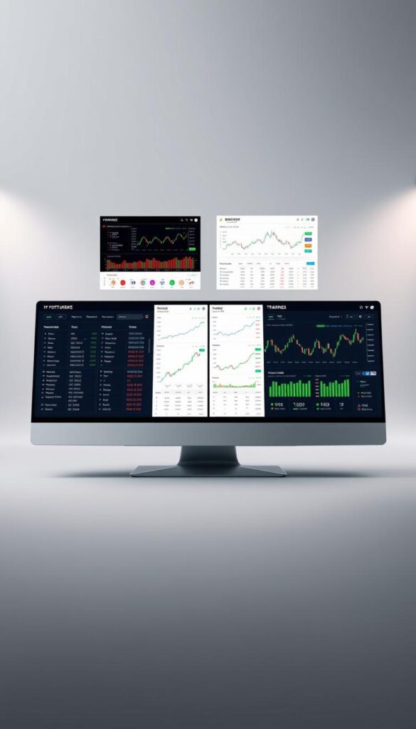 A large, high-resolution image depicting a side-by-side comparison of popular copy trading platforms. In the foreground, a sleek and modern graphical user interface showcases the key features and functionalities of each platform, with clean typography and intuitive layouts. The middle ground features detailed charts, graphs, and performance metrics, highlighting the trading activity and results of successful copy traders. The background has a muted, professional tone, with soft lighting and a subtle gradient to draw the viewer's attention to the central comparison. The overall composition is balanced, visually appealing, and effectively communicates the capabilities and benefits of copy trading platforms.