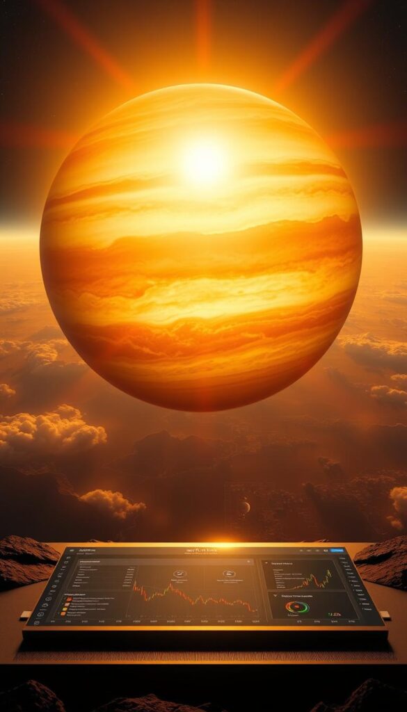 A majestic, sun-drenched view of Jupiter, its swirling clouds and vibrant colors filling the frame. In the foreground, a shimmering golden interface showcases the key benefits of Jupiter Copy Trading - maximizing gains, streamlining investments, and harnessing the power of AI-driven strategies. The middle ground features a sleek, minimalist dashboard, inviting the viewer to explore the platform's intuitive controls. In the background, a panoramic vista of the solar system, conveying a sense of scale and the boundless opportunities that await savvy investors. Crisp, high-resolution detail, with a cinematic depth of field and warm, natural lighting that accentuates the grandeur of the scene.