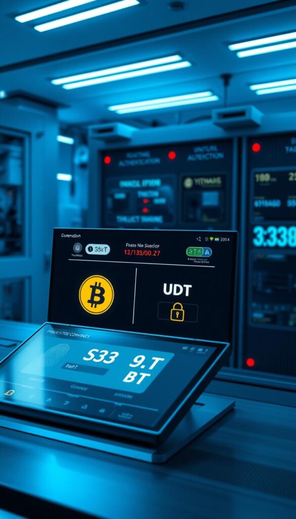 A meticulously secured cryptocurrency exchange interface, bathed in cool tones of blue and gray. In the foreground, a high-resolution display showcases the real-time conversion rates between USDT and BTC, secured by advanced encryption protocols. The middle ground features a series of authentication prompts - fingerprint scanners, two-factor authentication, and tamper-evident seals - ensuring the utmost security for each transaction. In the background, a sleek control panel with monitoring systems, firewalls, and intrusion detection sensors, all working in harmony to safeguard the user's assets. The overall atmosphere conveys a sense of reliable, cutting-edge financial technology, instilling confidence in the conversion process.