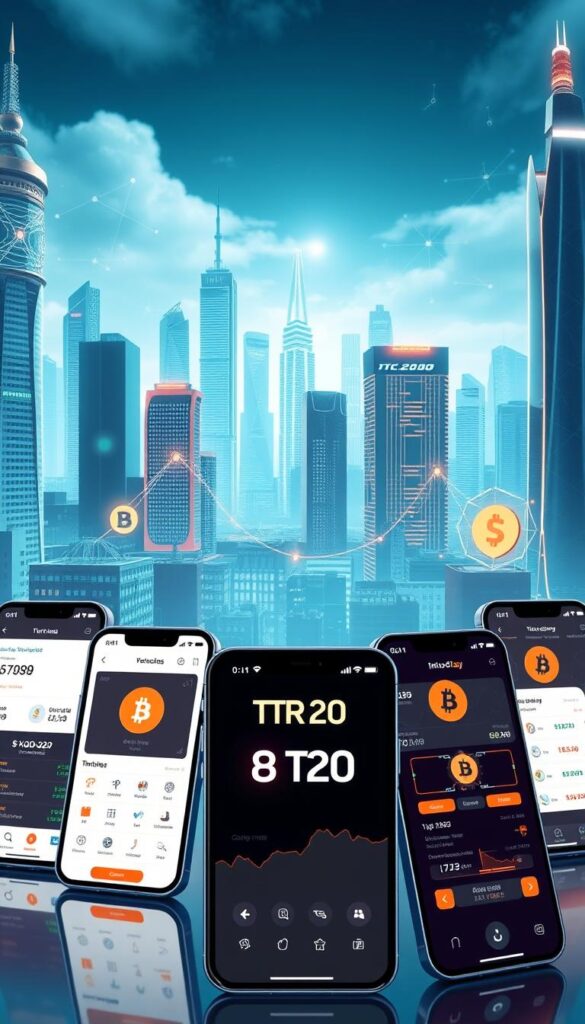 A modern financial technology landscape with various TRC20 to BTC conversion platforms prominently displayed. The foreground features sleek, intuitive user interfaces of top cryptocurrency exchange apps, highlighting seamless token swap functionality. The middle ground showcases abstract blockchain networks, data visualizations, and security protocols, conveying the technological sophistication behind the conversions. The background depicts a futuristic cityscape with towering skyscrapers, reflecting the integration of crypto services into the urban financial ecosystem. The scene is bathed in a cool, neon-infused lighting, creating a stylish, high-tech ambiance. The overall composition suggests efficiency, accessibility, and trust in the TRC20 to BTC conversion process.