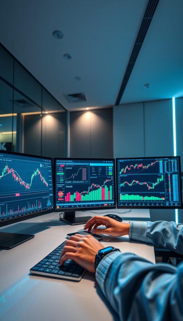 A modern financial trading desk, illuminated by the soft glow of multiple screens displaying dynamic crypto charts and trading interfaces. In the foreground, a trader's hands skillfully navigate the trading platform, executing crypto copy trading strategies with precision. The middle ground features various financial data visualizations, infographics, and performance metrics, providing valuable insights. The background showcases a sleek, minimalist office environment with clean lines, subtle lighting, and a sense of technological sophistication. The overall atmosphere conveys a balance of analytical focus, technological prowess, and the potential for profitable crypto copy trading opportunities.