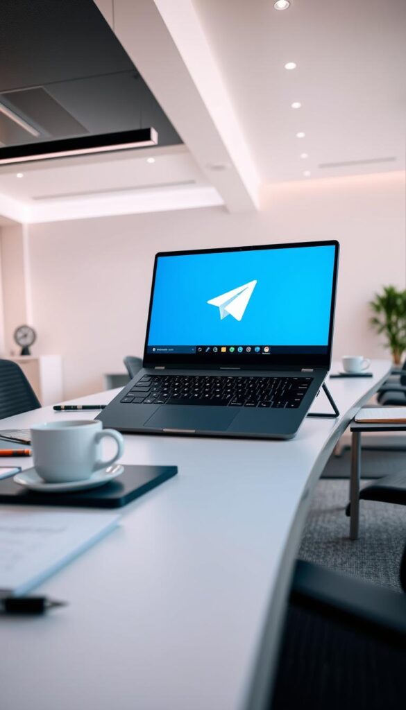 A modern office interior with a large desk showcasing a Telegram app on a laptop screen. The desk is neatly organized with office supplies and a cup of coffee, creating a productive and focused atmosphere. The background features a minimalist, well-lit room with clean lines and a large window providing natural illumination. The camera angle is slightly elevated, capturing the desk and laptop in a dynamic, professional composition. The overall mood is one of efficiency, technology, and the convenience of Telegram-based trading.
