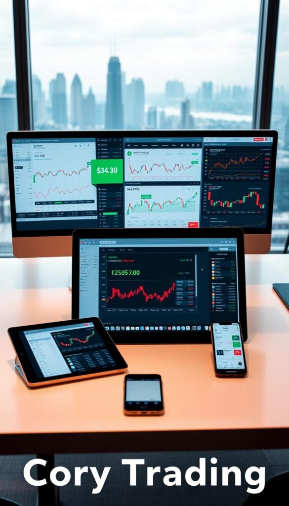 A modern office setting with various copy trading tools displayed on a clean, minimalist desk. In the foreground, a sleek laptop, a tablet, and a smartphone, all showcasing intuitive trading interfaces. The middle ground features a neatly organized array of trading charts, performance analytics, and portfolio management tools. The background subtly hints at a serene city skyline, conveying a sense of professionalism and success. The lighting is soft and warm, creating a calming, focused atmosphere. The overall composition emphasizes the user-friendly and efficient nature of the copy trading experience.
