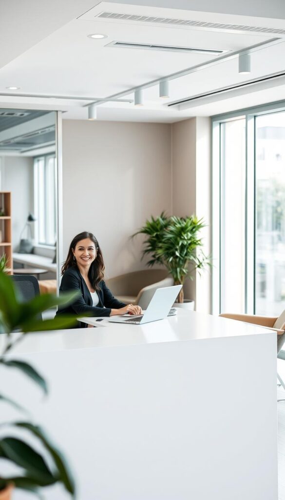 A modern office with a warm, inviting atmosphere. In the foreground, a friendly customer service representative sits at a sleek, minimalist desk, ready to assist a client. The middle ground features a cozy seating area with comfortable chairs and a potted plant, creating a relaxed and professional environment. The background showcases large windows with natural light flooding the space, accentuating the clean, contemporary design. The overall mood is one of efficiency, approachability, and a commitment to providing exceptional customer support.