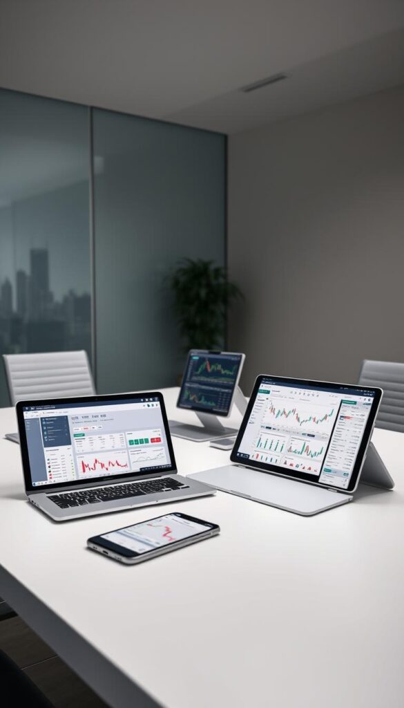 A modern office workspace with a sleek, minimalist aesthetic. On the desk, various digital devices and applications related to copy trading are prominently displayed, including a laptop, tablet, and smartphone showcasing trading platforms and analytical tools. The lighting is soft and diffused, creating a calm, focused atmosphere. In the background, subtle hints of the city skyline or a neutral wall provide a clean, uncluttered backdrop, allowing the copy trading tools to take center stage. The overall composition conveys a sense of efficiency, organization, and the tools' importance in the context of successful copy trading.