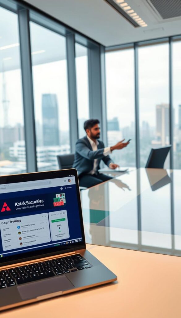 A modern, professional-looking office setting with a sleek and minimalist aesthetic. In the foreground, a laptop screen displays the Kotak Securities logo and a user interface for a "Copy Trading" feature. In the middle ground, a financial advisor gestures towards the laptop, explaining the copy trading concept to a client seated across the desk. The background features floor-to-ceiling windows overlooking a cityscape, with natural lighting flooding the room. The mood is one of efficiency, trust, and technological innovation, reflecting the "Effortless Investing" theme of the article.