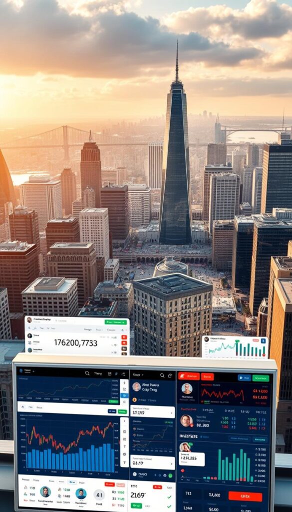 A modern, sleek copy trading platform set against a backdrop of a bustling financial city skyline. In the foreground, an intuitive user interface with real-time charts, investment data, and social trading features. The middle ground showcases various trader profiles and performance metrics, creating a sense of a vibrant, connected trading community. In the background, a panoramic view of towering skyscrapers, bridges, and bustling streets, conveying the scale and dynamism of the global financial markets. The scene is bathed in a warm, golden light, evoking a sense of professionalism, authority, and trustworthiness - the hallmarks of a best-in-class copy trading platform.