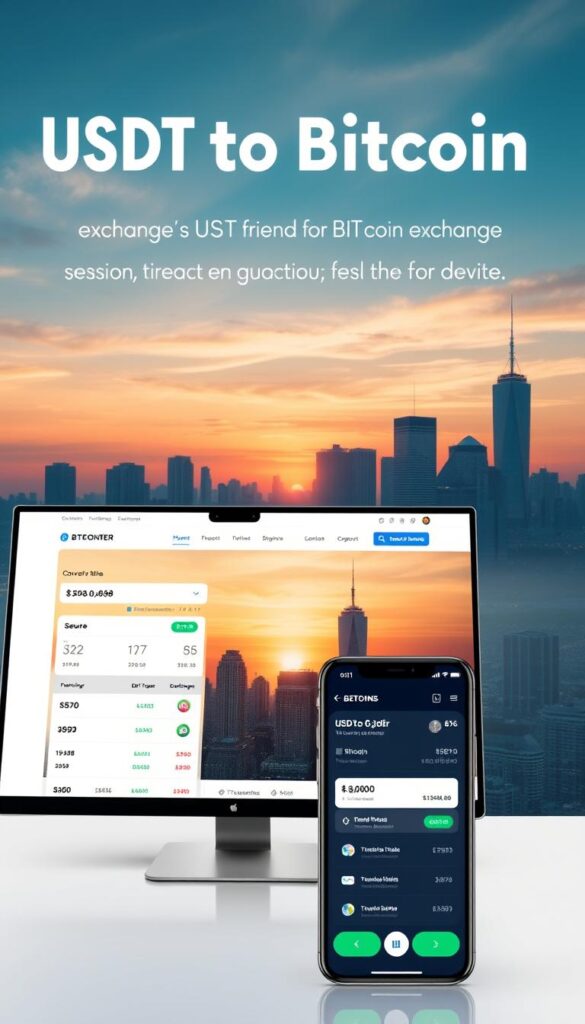 A modern, user-friendly USDT to Bitcoin exchange platform, with a clean and intuitive interface. The foreground features a sleek, responsive desktop website displaying conversion rates, trading tools, and secure transaction options. The middle ground showcases a mobile app version, highlighting its seamless cross-device experience. In the background, a serene city skyline with skyscrapers and a vibrant sunset creates a calming, professional atmosphere. Soft lighting and a minimalist color palette evoke a sense of trust and reliability. The overall composition conveys a convenient, accessible, and trustworthy USDT to Bitcoin exchange solution.