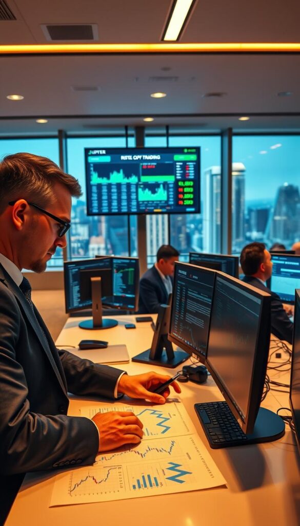 A panoramic view of a well-lit trading desk, with a large display screen in the center showcasing the Jupiter Copy Trading platform. In the foreground, a financial analyst in a sharp suit pores over risk management charts and graphs, deep in concentration. The middle ground features traders closely monitoring their portfolios, their faces illuminated by the glow of multiple high-resolution monitors. The background depicts a cityscape through floor-to-ceiling windows, hinting at the global scale of the financial markets. The lighting is warm and professional, creating a sense of focus and industriousness. The overall atmosphere conveys the importance of prudent risk management in the world of algorithmic trading.