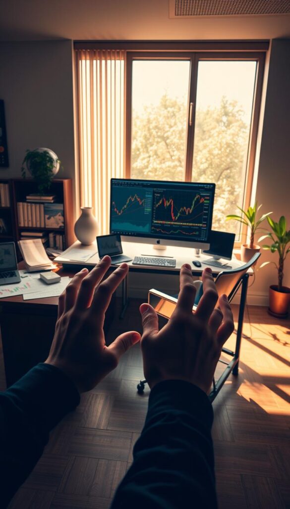 A peaceful office setting with a large desk, computer monitor, and various financial charts and graphs scattered across the workspace. Warm, natural lighting filters through large windows, casting a soft glow on the scene. In the foreground, a person's hands are gesturing towards the screen, illustrating the mechanics of a copy trading strategy. The overall atmosphere conveys a sense of focus, analysis, and the pursuit of financial success through collaborative investment approaches.