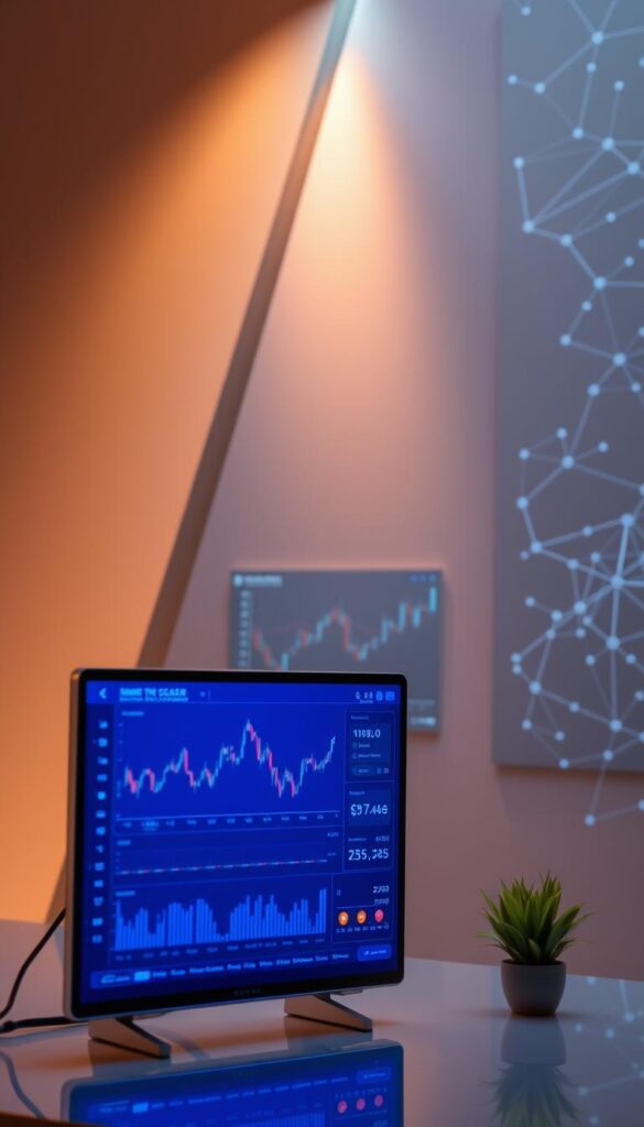 A professional, modern crypto copy trading platform set against a sleek, futuristic backdrop. In the foreground, a digital display showcases various trading metrics and charts, bathed in a soft blue glow. The middle ground features a clean, minimalist interface with intuitive controls and customizable settings, hinting at the platform's user-friendly experience. In the background, a subtle grid of digital nodes and lines evokes the interconnected nature of the crypto markets, creating a sense of technological sophistication. The lighting is warm and inviting, conveying a sense of trust and reliability, while the overall composition exudes a sense of innovation and forward-thinking in the world of cryptocurrency trading.