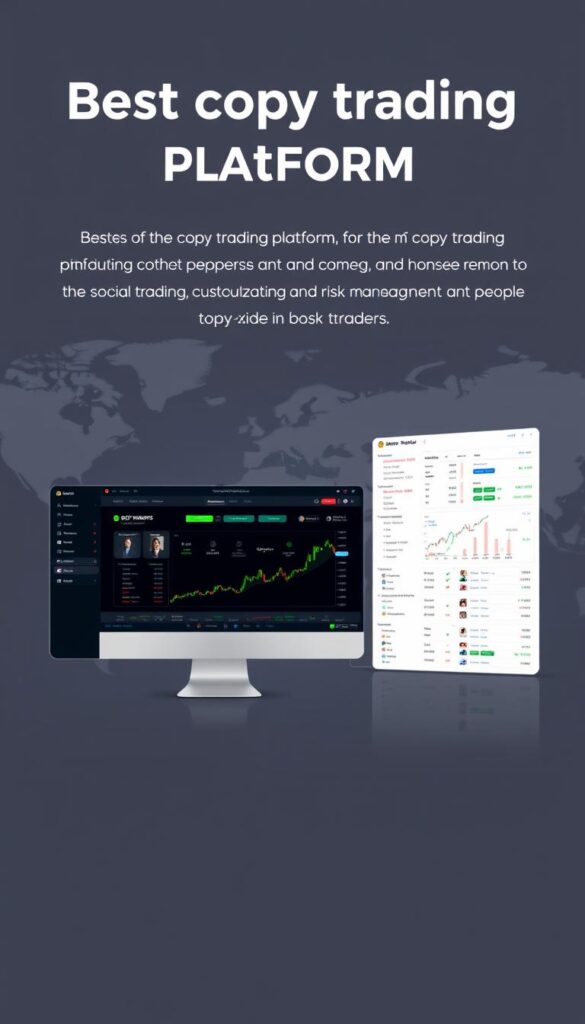 A professional, modern-looking image of the "best copy trading platform" for the MT4 trading software. The image should feature a clean, minimalist design with a focus on the key features and benefits of the platform. The foreground should display a sleek and intuitive user interface, showcasing the platform's ease of use and customization options. The middle ground should highlight performance metrics, social trading capabilities, and risk management tools. The background should convey a sense of security, reliability, and global connectivity, with a subtle world map or financial graph elements. The overall mood should be one of sophistication, efficiency, and empowerment for traders.