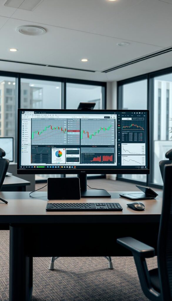 A professional, state-of-the-art trading platform with a sleek, minimalist user interface. The foreground features a large, high-resolution monitor displaying real-time market data, stock tickers, and advanced trading tools. The middle ground showcases a modern, ergonomic trading desk with a mechanical keyboard, a wireless mouse, and a tablet for quick analysis. The background has a clean, sophisticated office environment with large windows, subtle lighting, and a neutral color palette that promotes focus and productivity. The overall atmosphere conveys a sense of power, precision, and the thrill of making informed financial decisions.