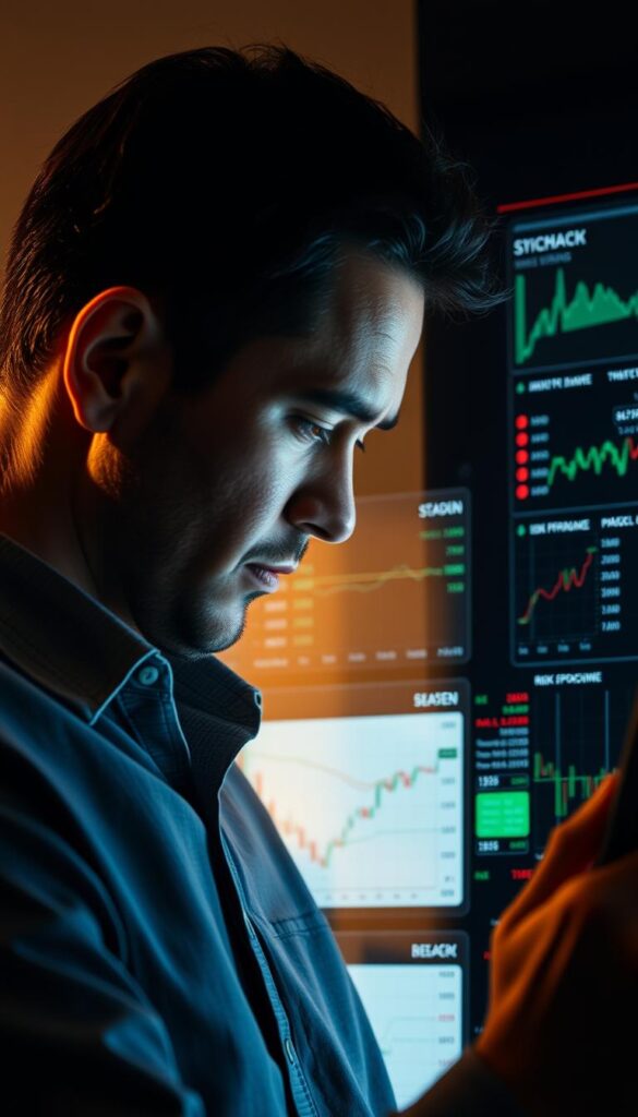 A professional trader examines a risk management dashboard, meticulously reviewing trading performance metrics and risk exposure indicators. The scene is illuminated by warm, directional lighting, casting subtle shadows that accentuate the depth and texture of the detailed user interface. The trader's face is partially obscured, conveying a sense of contemplation and focus as they analyze the data, mindful of the critical importance of prudent risk management in the world of copy trading.