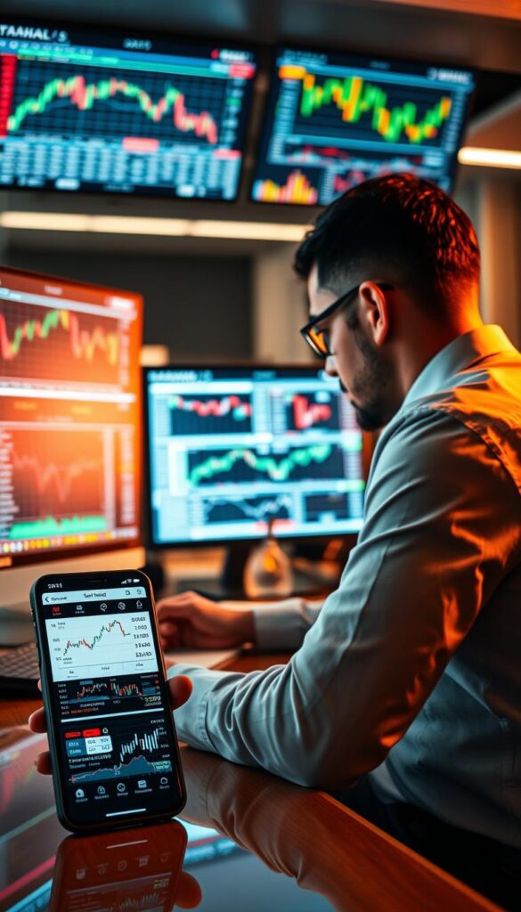 A professional trader sitting at a desk, intensely studying multiple digital screens displaying stock charts, financial data, and sophisticated trading interfaces. The scene is bathed in a warm, focused lighting, creating a sense of concentration and diligence. In the foreground, a smartphone or tablet displays a copy trading platform, showcasing various trading signals, strategies, and performance metrics. The background features a sleek, modern office environment, conveying a sense of technological innovation and financial expertise. The overall atmosphere is one of strategic decision-making, data-driven insights, and the pursuit of successful copy trading outcomes.