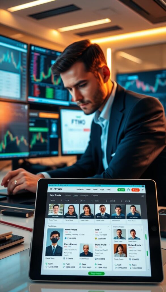 A professional trader sitting at a desk, intently studying multiple screens displaying various financial data and charts. The trader's face is focused, brows furrowed, as they carefully analyze the markets. In the foreground, a tablet or laptop displays the FTMO platform, showcasing the copy trading functionality with several successful trader profiles. The background features a sleek, modern office setting with minimalist decor, evoking a sense of sophisticated financial expertise. The lighting is warm and directional, creating depth and highlighting the trader's concentration. The overall scene conveys the concept of leveraging FTMO's copy trading capabilities to enhance one's own trading skills and strategy.