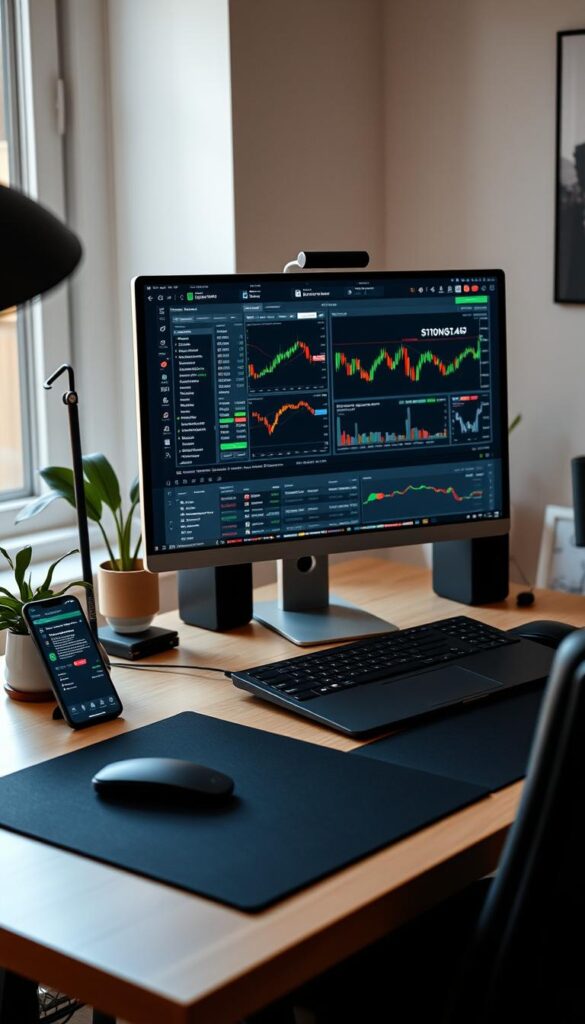 A professional trader's desk in a cozy home office, illuminated by soft, natural lighting. On the screen, a user-friendly copy trading platform displays the latest market data, trade history, and performance analytics. Beside the computer, a smartphone displays real-time notifications, allowing the trader to stay connected and informed. The desk is neatly organized, with a sleek, minimalist aesthetic, conveying a sense of efficiency and control. The overall atmosphere is one of calm focus, reflecting the thoughtful and strategic approach to copy trading.
