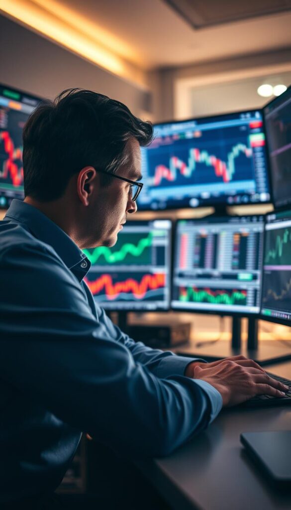 A professional trader's desk, meticulously organized, with multiple screens displaying stock charts, economic indicators, and live trading platforms. The soft, directional lighting casts a contemplative atmosphere, as the trader leans in, deeply focused on the key factors influencing the profitability of their copy trading strategies. The background is blurred, emphasizing the complex, data-driven nature of successful copy trading, where small details can make a big difference.