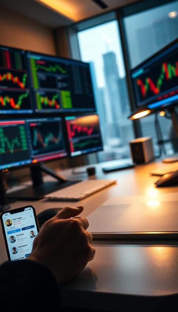 A professional trader's desk, neatly organized with multiple screens displaying real-time stock charts and trading platforms. The desk is bathed in a warm, focused light, creating a sense of concentration and intensity. In the foreground, a tablet or smartphone displays a copy trading app, its interface showcasing various trader profiles and performance metrics. The middle ground features a clean, minimalist workspace, with a mouse, keyboard, and other essential trading tools. The background subtly hints at the world of finance, with a cityscape or stock exchange visible through a large window, suggesting the broader context of the trading environment.