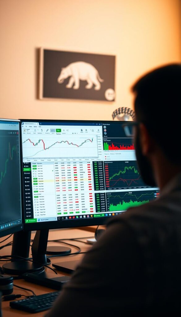 A professional trader's desktop setup, featuring a dual-monitor display showcasing the MetaTrader 4 (MT4) trading platform. The foreground highlights the MT4 interface, with charts, indicators, and a focused view on the copy trading functionality. The middle ground showcases various financial instruments, such as currency pairs, commodities, and indices, ready for selection and copying. The background subtly incorporates a sense of the trader's environment, with a minimalist, well-organized workspace evoking efficiency and control. Warm, natural lighting casts a productive, focused atmosphere, while the camera angle suggests a perspective from the trader's point of view, inviting the viewer to immerse themselves in the copy trading setup.