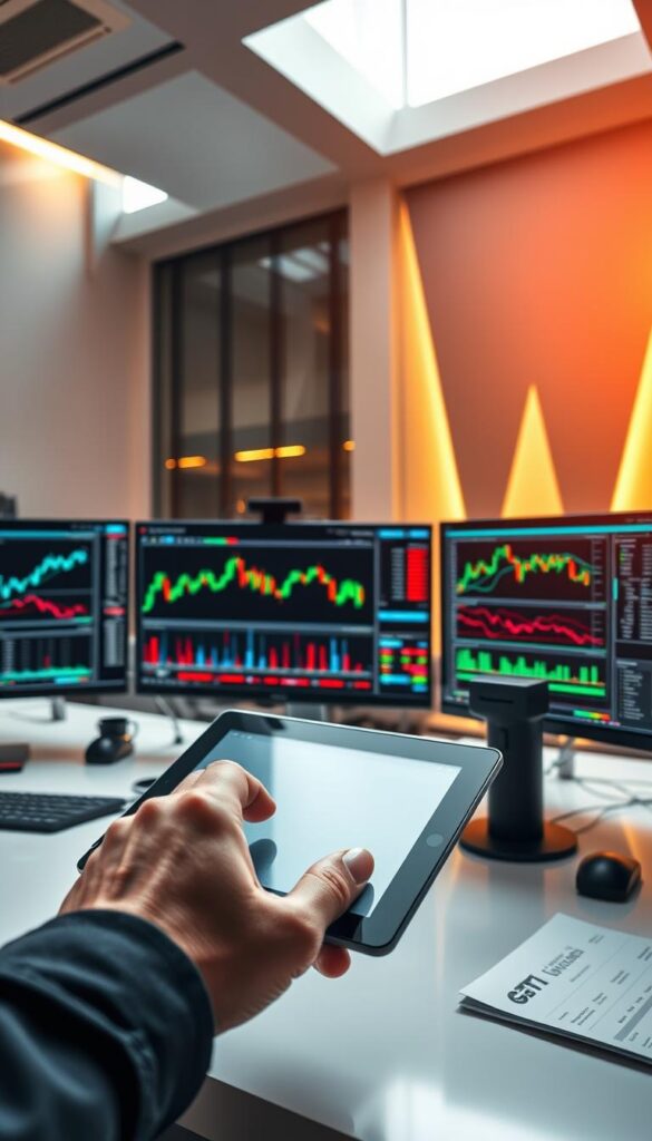 A professional trading desk with a well-organized array of monitors, charts, and financial data visualizations. The desk is bathed in warm, focused lighting, creating a contemplative and analytical atmosphere. In the foreground, a hand hovers over a tablet, carefully studying trading patterns and strategies. The middle ground features a large central screen displaying real-time market data and graphs, while the background showcases a sleek, modern office environment with geometric architectural elements. The overall scene conveys a sense of diligence, expertise, and the pursuit of successful copy trading strategies.