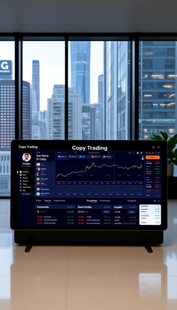 A professional trading platform interface with a prominent "Copy Trading" section. The foreground showcases user profiles and performance metrics, inviting the viewer to explore the potential of this investment strategy. The middle ground highlights an intuitive dashboard displaying real-time market data and personalized insights. The background setting is a sleek, minimalist office environment with a large window overlooking a bustling financial district. The overall mood is one of confidence, efficiency, and the promise of financial empowerment through the power of collaborative investing.