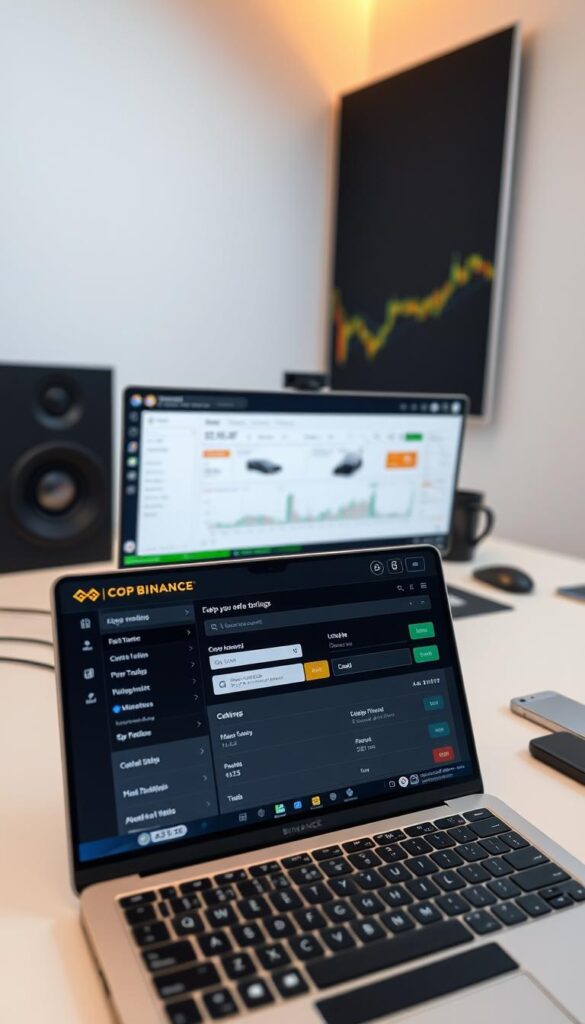 A professional, well-lit setup of a Binance trading account interface with a clear focus on the copy trading section. The foreground shows the copy trading module with customizable settings, followed by the main Binance dashboard in the middle ground. The background features a sleek, minimalist desk setup with a high-resolution monitor, ergonomic keyboard, and clean aesthetics, conveying a sense of efficiency and organization. The lighting is soft and diffused, creating a warm, productive atmosphere. The camera angle is slightly elevated, providing a comprehensive view of the setup while maintaining visual balance and harmony.