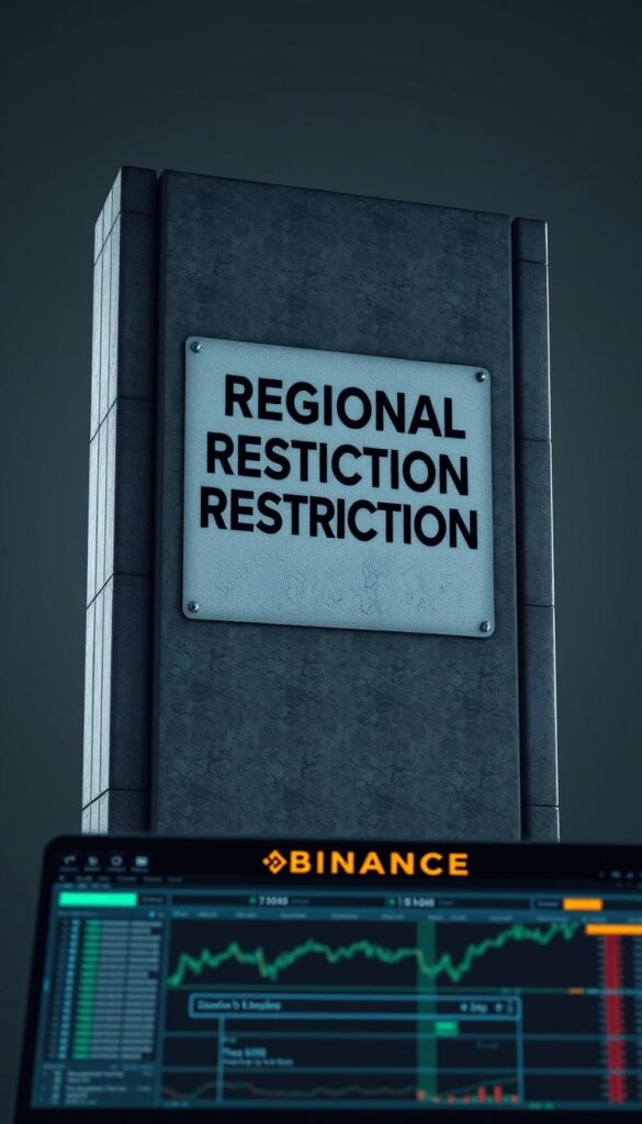 A regional restrictions sign made of steel and concrete, towering over a Binance trading interface. The sign's blocky, authoritative design casts a long shadow across the digital landscape, hinting at the complex web of regulations that can obscure copy trading features. The interface in the foreground is sleek and modern, but the looming presence of the sign suggests the limitations and challenges users may face when trying to access copy trading. Soft, diffused lighting creates a sense of gravity and seriousness, while the muted color palette evokes a mood of caution and constraint.