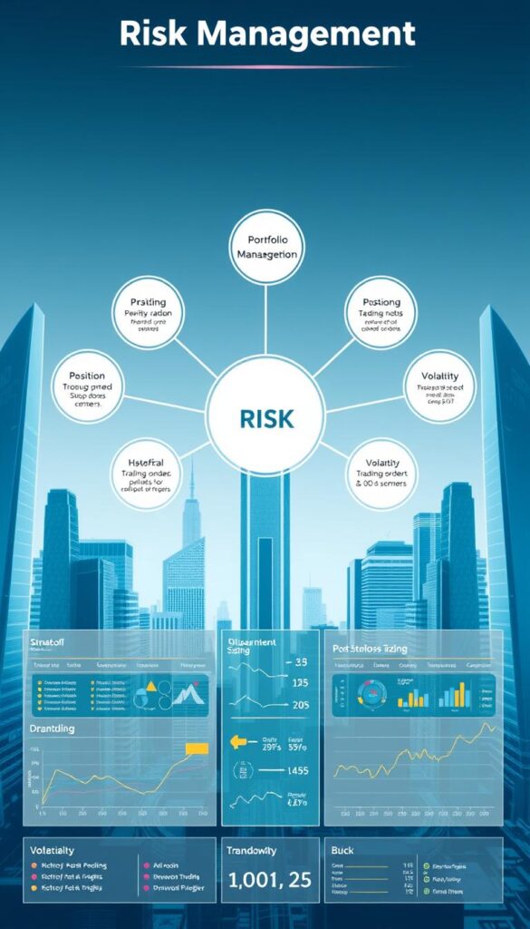 A risk management chart displaying a network of interconnected nodes representing different aspects of copy trading, such as portfolio diversification, position sizing, and stop-loss orders. The chart is rendered in a minimalist, data-driven style with clean lines and a cool color palette. The foreground features a central node representing the overall risk management strategy, surrounded by smaller nodes that can be expanded to reveal more detailed information. The middle ground showcases various data visualizations and metrics related to risk management, such as historical trading performance, volatility, and drawdown analysis. The background depicts a sleek, futuristic cityscape with towering skyscrapers, suggesting the complex, high-stakes world of digital asset trading.
