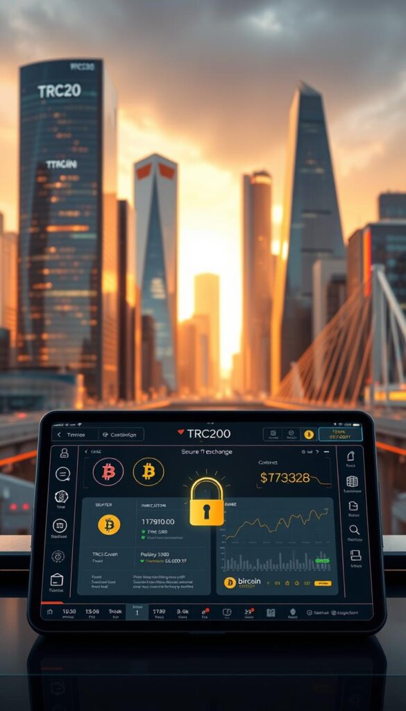 A secure TRC20 to Bitcoin exchange set against a sleek, modern cityscape. In the foreground, a user interface displays the transaction process, with icons and graphs illustrating the secure encryption and verification steps. The middle ground features architectural elements like gleaming skyscrapers and bridges, conveying a sense of stability and trust. The background is bathed in a warm, golden glow, evoking a feeling of safety and reliability. Dramatic lighting and sharp angles create a sense of dynamism and professionalism, while the overall composition suggests the seamless integration of digital finance and the physical world.