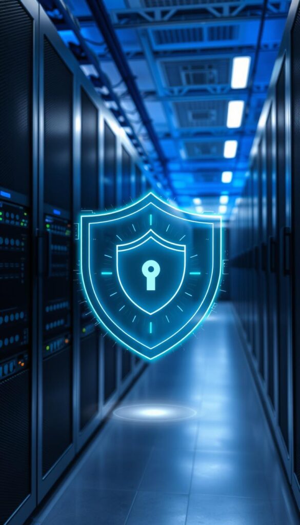 A secure and modern data center, its servers and infrastructure protected by layers of advanced cybersecurity. In the foreground, a virtual shield glows with a pulsing energy field, symbolizing the robust security measures in place. Sleek server racks recede into the background, bathed in a cool, blue-hued lighting that conveys a sense of reliability and trustworthiness. The scene is captured from a slightly high angle, lending an air of authority and professionalism to the image. The overall mood is one of confidence, resilience, and a steadfast commitment to safeguarding sensitive financial transactions.