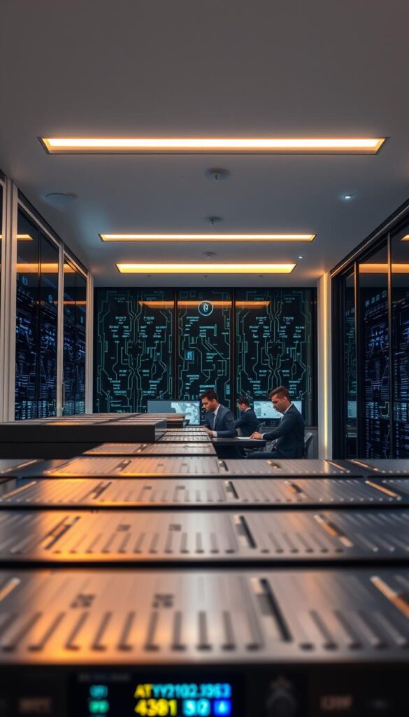 A secure cryptocurrency exchange set in a modern, minimalist interior. Gleaming metallic servers and high-tech displays dominate the foreground, conveying a sense of power and reliability. The middle ground features a team of cybersecurity experts intently monitoring real-time transaction data, their expressions intense and focused. In the background, a vast network of encrypted pathways and firewalls create an impenetrable digital fortress, safeguarding user funds with the latest cryptographic techniques. Soft, indirect lighting casts a warm, reassuring glow, while sleek, angular architecture exudes a sense of technological sophistication. The overall atmosphere evokes a secure, trustworthy, and cutting-edge cryptocurrency trading platform.