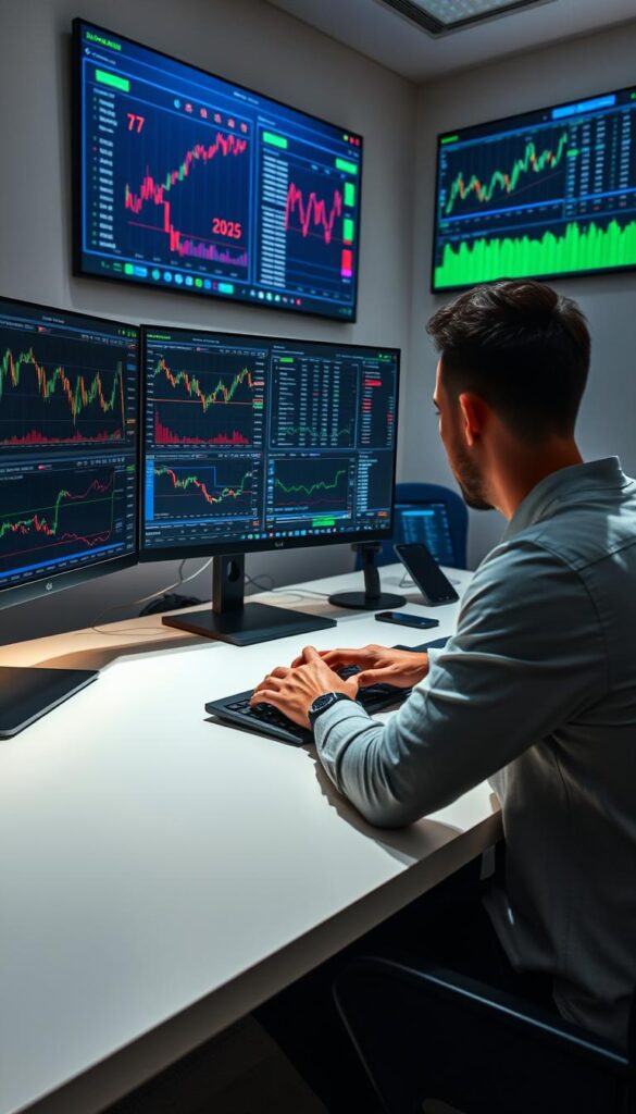 A serene and focused trading environment with a professional trader monitoring multiple cryptocurrency charts and trading platforms on a clean, minimalist desk. The trader's hands are poised over a keyboard, ready to execute trades. The desk is illuminated by soft, directional lighting, casting a warm glow on the trader's workspace. In the background, a large display screen shows real-time trading data and performance metrics, providing the trader with a comprehensive view of the market. The overall atmosphere conveys a sense of concentration, control, and confidence in the copy trading strategies being employed.