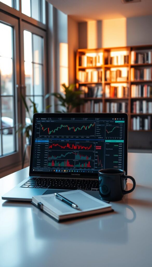 A serene and minimalist office setting, bathed in warm, natural lighting from large windows. In the foreground, a laptop displays a stock trading platform with multiple charts and graphs, representing the different copy trading strategies available. The middle ground features a desk with a notebook, pen, and a cup of coffee, suggesting the thoughtful planning and analysis required for effective copy trading. The background showcases a bookshelf filled with finance-related literature, conveying the educational aspect of this investment approach. The overall atmosphere is one of focus, diligence, and a sense of empowerment, reflecting the potential of copy trading to help achieve one's financial goals.