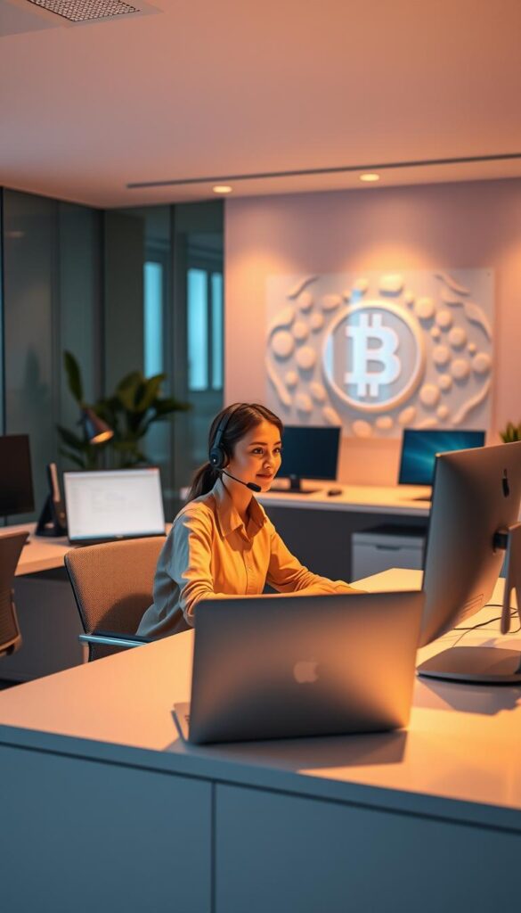 A serene and professional customer support office, bathed in warm lighting. In the foreground, a helpful agent seated at a sleek, minimalist desk, headset in place, offering attentive assistance. The middle ground features various productivity tools and devices, reflecting the seamless integration of TRC20 to Bitcoin swap services. The background showcases a calming, pastel-toned wall decor, conveying a sense of trust and reliability. The overall atmosphere exudes a balance of technology, expertise, and personalized care, tailored to the needs of the customer.