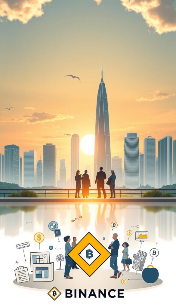 A serene and tranquil scene depicting the benefits of Binance's copy trading feature. In the foreground, a stylized graphic illustration showcases various positive icons such as growth, profit, and automation. The middle ground features a group of diverse investors collaborating and sharing their trading strategies. In the background, a sleek and modern cityscape with towering skyscrapers and a vibrant, sun-drenched sky creates a sense of financial prosperity and opportunity. The lighting is soft and warm, evoking a feeling of trust and security. The overall composition strikes a balance between the tangible benefits of copy trading and the aspirational, wealth-building atmosphere it can foster.