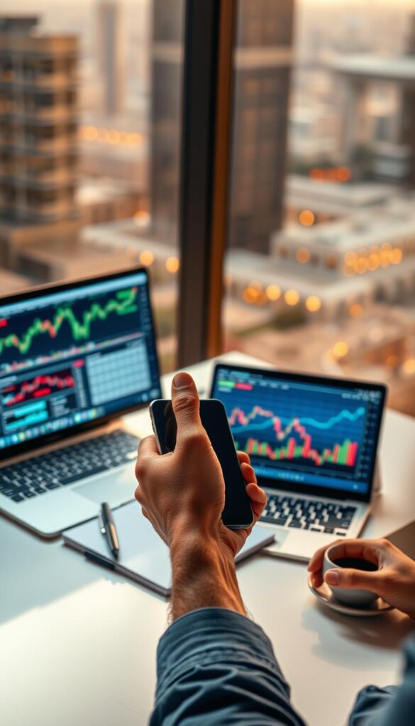 A serene, backlit desk setup with a laptop, smartphone, and various financial charts and graphs displayed on the screens. In the foreground, a hand gestures towards the screens, conveying the strategies and techniques of successful copy trading. The middle ground features a neatly organized workspace with a notebook, pen, and a cup of coffee, reflecting the focus and dedication required. The background has a soft, blurred cityscape, suggesting the broader financial landscape in which copy trading takes place. The lighting is warm and inviting, creating an atmosphere of expertise and professionalism.