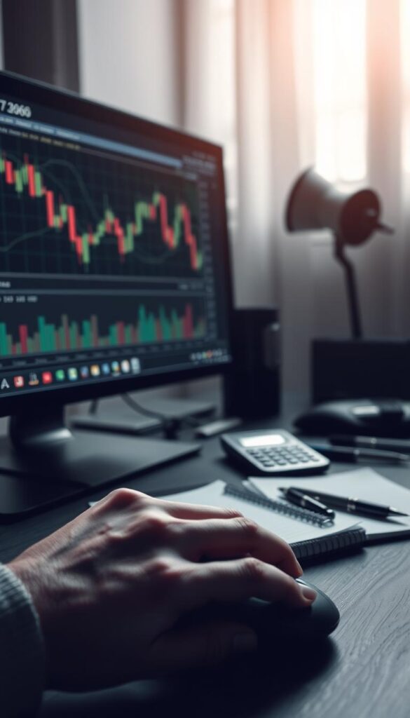 A serene, dimly lit office space with a desktop computer displaying financial charts and graphs. In the foreground, a thoughtful trader's hand rests on a mouse, conveying a sense of cautious deliberation. The middle ground features various risk management tools such as a calculator, pen, and notebook, suggesting a methodical approach to navigating the complexities of copy trading. The background is softly blurred, creating a sense of focus and concentration. The overall atmosphere is one of thoughtful risk evaluation, with muted tones and subtle lighting evoking a contemplative mood.